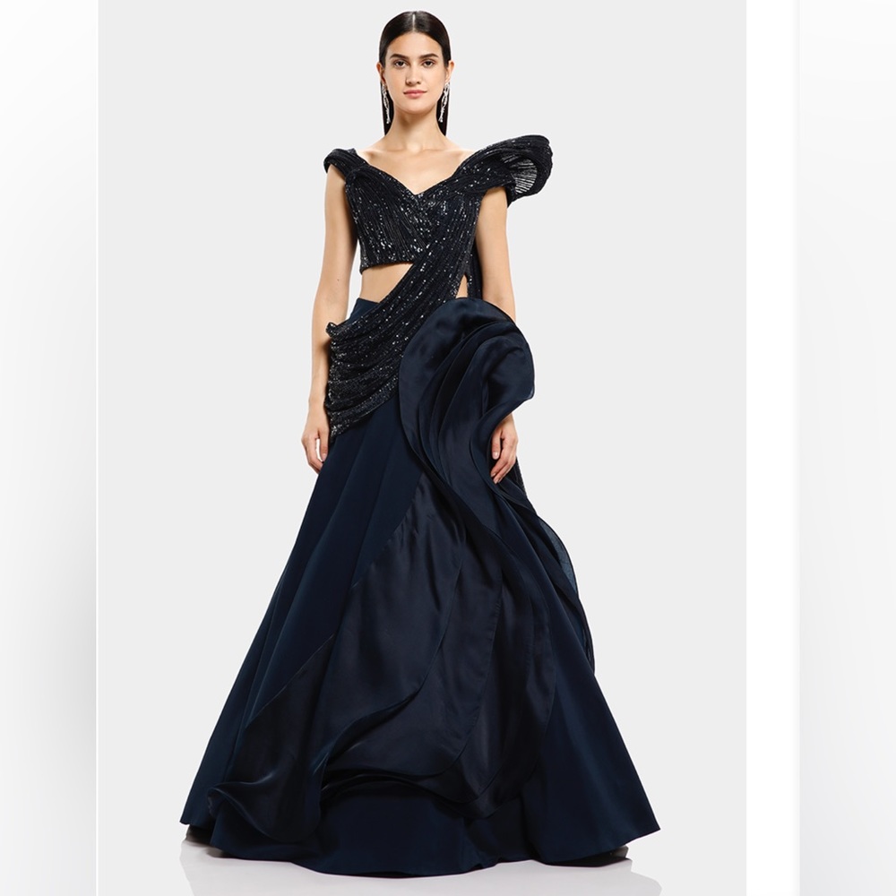 Gaurav Gupta two piece flowy gown in midnight blue